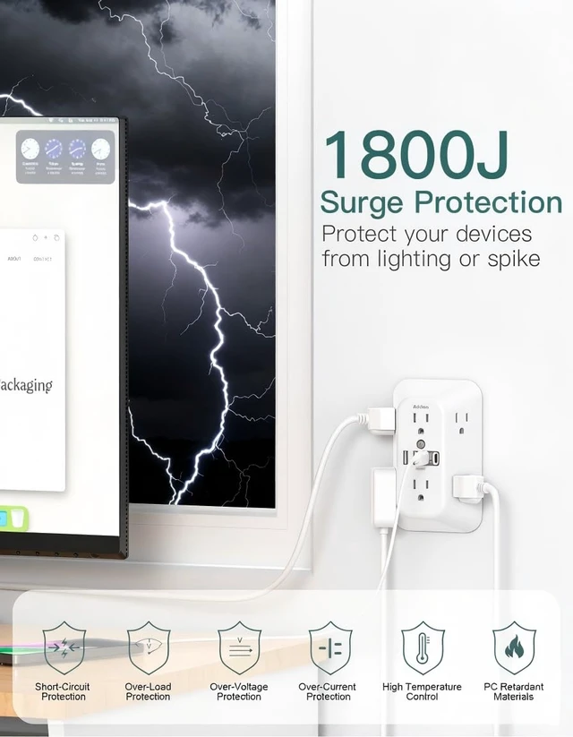 Alt view image 5 of 7 - 6-Outlet Extender Surge Protector, Multi Plug Wall Outlet with 4 USB Wall Charger(PD 30W), Plug Extension Outlet with 1800J, Outlet Splitter Power Strip for Home Office, White