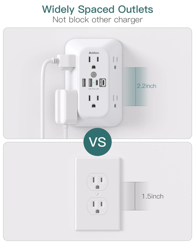 Alt view image 6 of 7 - 6-Outlet Extender Surge Protector, Multi Plug Wall Outlet with 4 USB Wall Charger(PD 30W), Plug Extension Outlet with 1800J, Outlet Splitter Power Strip for Home Office, White