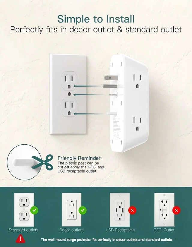 Alt view image 7 of 7 - 6-Outlet Extender Surge Protector, Multi Plug Wall Outlet with 4 USB Wall Charger(PD 30W), Plug Extension Outlet with 1800J, Outlet Splitter Power Strip for Home Office, White