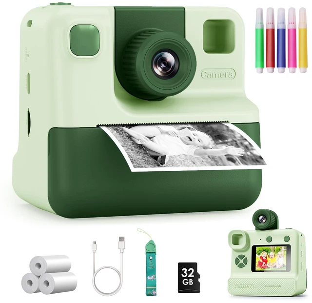 Main image of Kids Camera Instant Print, Christmas Birthday Gifts for Girl Boys Kids 3-12 FHD Selfie Digital Video Cameras Toddler 3 Rolls Print Paper & 32G Card (Retro, Green-White)