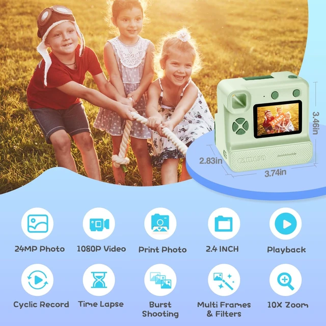 Alt view image 2 of 7 - Kids Camera Instant Print, Christmas Birthday Gifts for Girl Boys Kids 3-12 FHD Selfie Digital Video Cameras Toddler 3 Rolls Print Paper & 32G Card (Retro, Green-White)