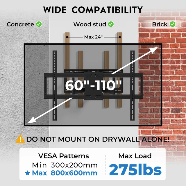 Alt view image 3 of 7 - Heavy Duty TV Wall Mount with Extra Long Extendable Arm for 60110 Inch TVs Full Motion Bracket with Corner Swivel and Tilt, Holds Up to 275lbs, Max VESA 800x600mm, Fits 24" Studs, Wide Compatibility