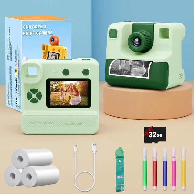 Alt view image 7 of 7 - Kids Camera Instant Print, Christmas Birthday Gifts for Girl Boys Kids 3-12 FHD Selfie Digital Video Cameras Toddler 3 Rolls Print Paper & 32G Card (Retro, Green-White)
