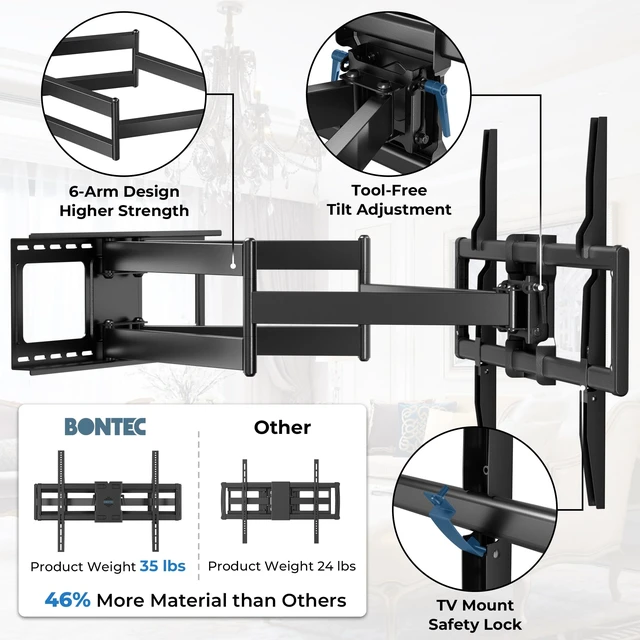Alt view image 5 of 7 - Heavy Duty TV Wall Mount with Extra Long Extendable Arm for 60110 Inch TVs Full Motion Bracket with Corner Swivel and Tilt, Holds Up to 275lbs, Max VESA 800x600mm, Fits 24" Studs, Wide Compatibility