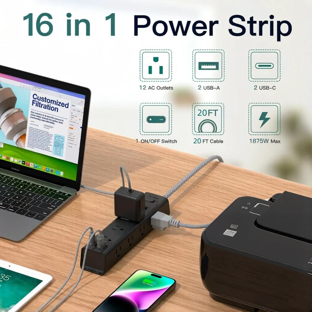 Alt view image 2 of 7 - 20FT Long Extension Cord, Power Strip with 12 AC Outlets & 4 USB Ports Flat Plug Wall Mount, 1050J Surge Protector, Outlet Extender for Home Office Garage Workshop Gaming Desk Setup, ETL Listed