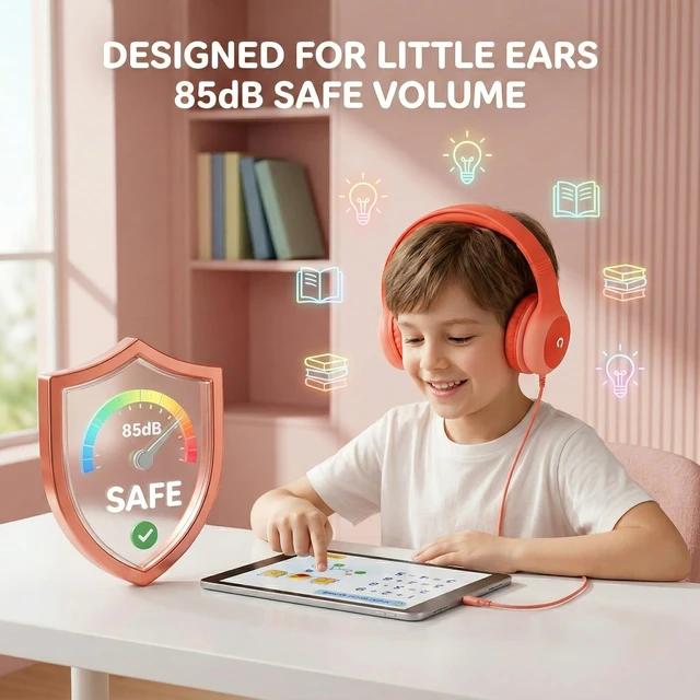 Alt view image 2 of 7 - Wired Kids Headphones with USB C Plug, 85dB Safe Volume, Adjustable Headband, Tangle-Free Cord Headphones for School, Tablet, Travel (Coral Red & Soft Peach, Without Microphone)