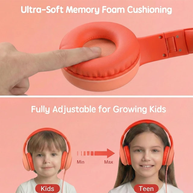 Alt view image 5 of 7 - Wired Kids Headphones with USB C Plug, 85dB Safe Volume, Adjustable Headband, Tangle-Free Cord Headphones for School, Tablet, Travel (Coral Red & Soft Peach, Without Microphone)
