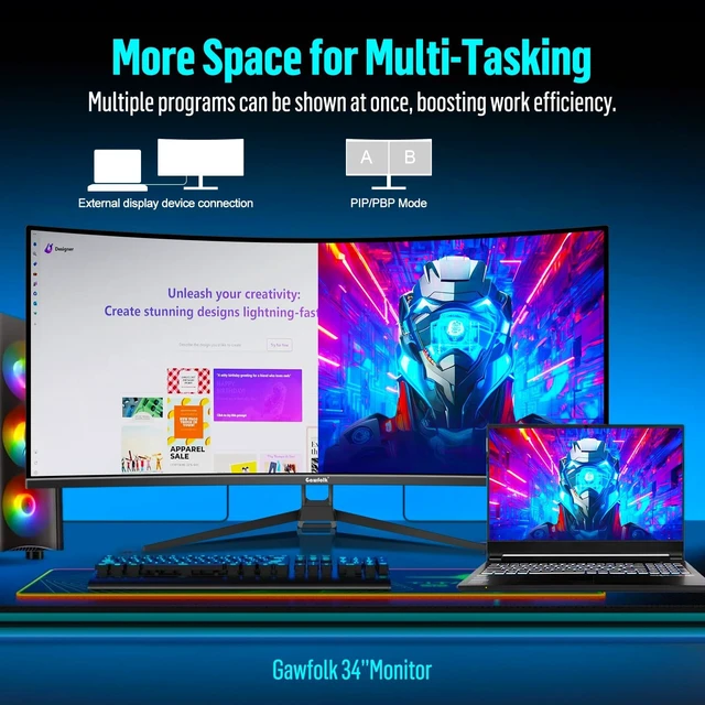 Alt view image 2 of 7 - 34" Ultrawide Curved Gaming Monitor, UWQHD 3440x1440 165Hz 1500R PIP/PBP 1ms(MPRT) 128% sRGB HDMI & DP Tilt Adjustable 21:9 PC Screen