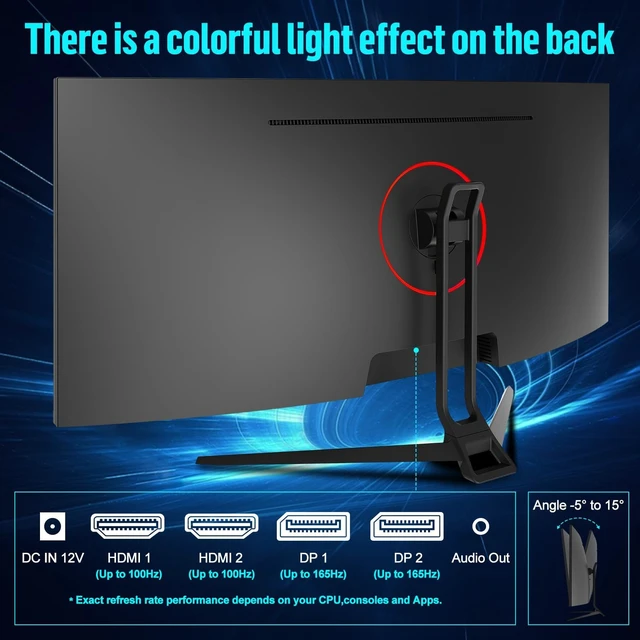 Alt view image 7 of 7 - 34" Ultrawide Curved Gaming Monitor, UWQHD 3440x1440 165Hz 1500R PIP/PBP 1ms(MPRT) 128% sRGB HDMI & DP Tilt Adjustable 21:9 PC Screen