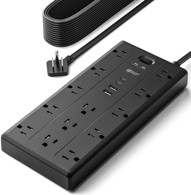 Main image of 20Ft Extension Cord with Multiple Outlets, Flat Plug Power Strip 2100J, 13AC 2 USB C 2 USB A Charging Ports, Surge Protector, Desk Charging Station, Home Office, College Dorm Room Essentials