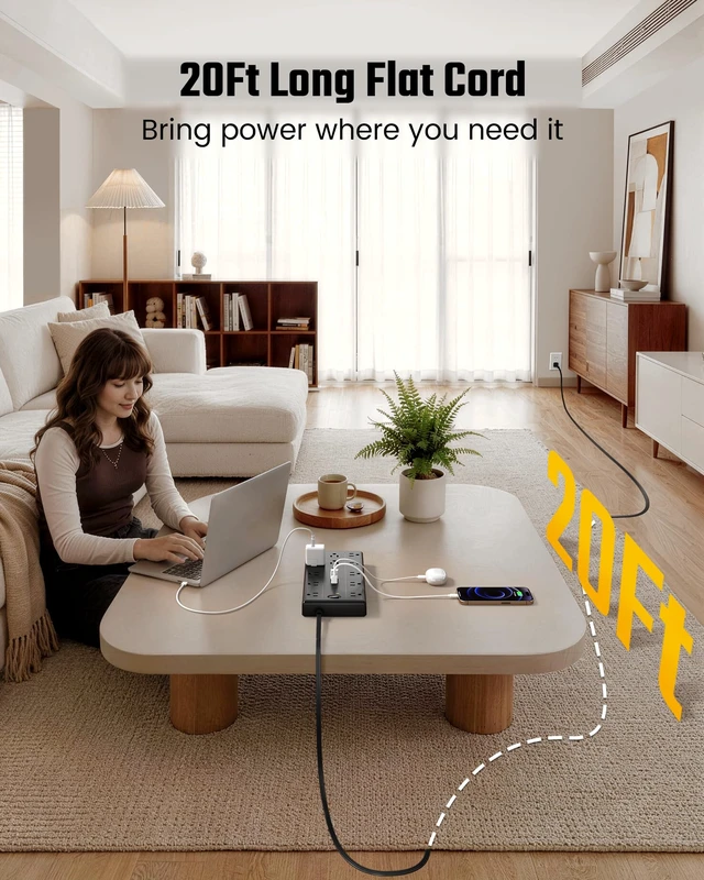 Alt view image 2 of 7 - 20Ft Extension Cord with Multiple Outlets, Flat Plug Power Strip 2100J, 13AC 2 USB C 2 USB A Charging Ports, Surge Protector, Desk Charging Station, Home Office, College Dorm Room Essentials