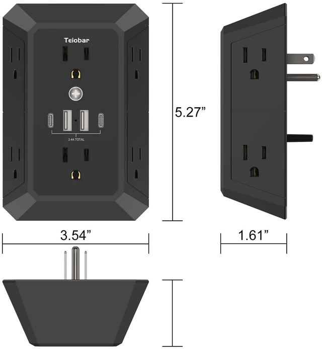 Alt view image 7 of 7 - Multi Plug Wall Outlet Surge Protector with 6-Outlet & 4 USB Ports(2USB-C) Outlet Extender with 1680 Joules, Multiple Outlet Splitter for Home Office Dorm Room Essentials, ETL Listed, Black