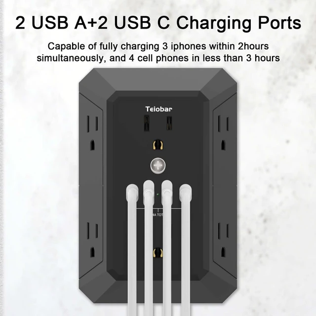 Alt view image 3 of 7 - Multi Plug Wall Outlet Surge Protector with 6-Outlet & 4 USB Ports(2USB-C) Outlet Extender with 1680 Joules, Multiple Outlet Splitter for Home Office Dorm Room Essentials, ETL Listed, Black