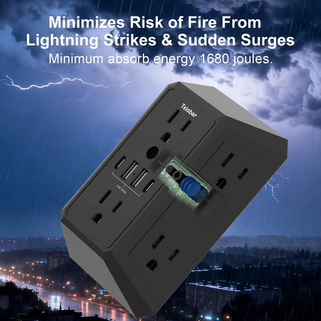 Alt view image 6 of 7 - Multi Plug Wall Outlet Surge Protector with 6-Outlet & 4 USB Ports(2USB-C) Outlet Extender with 1680 Joules, Multiple Outlet Splitter for Home Office Dorm Room Essentials, ETL Listed, Black