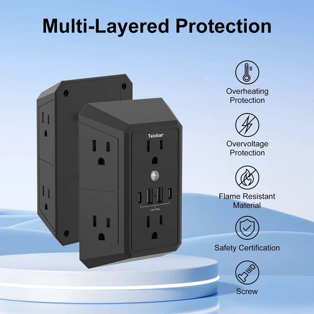 Alt view image 4 of 7 - Multi Plug Wall Outlet Surge Protector with 6-Outlet & 4 USB Ports(2USB-C) Outlet Extender with 1680 Joules, Multiple Outlet Splitter for Home Office Dorm Room Essentials, ETL Listed, Black