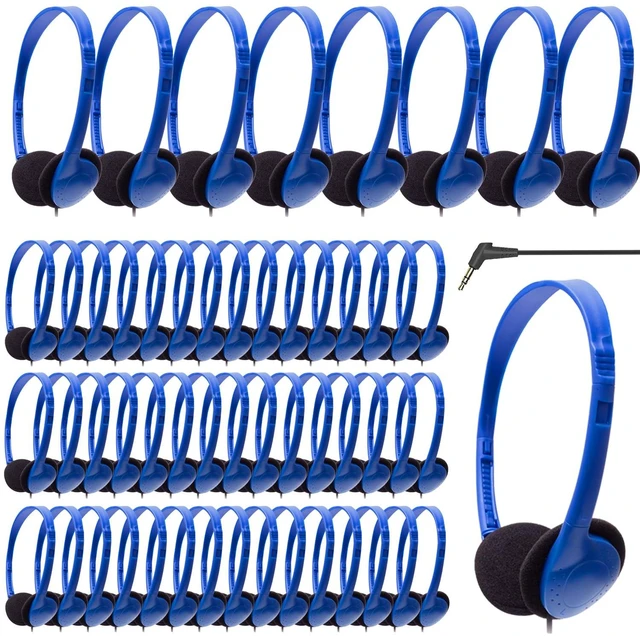 Main image of Kids Headphones Bulk 100 Pack for School Classroom Student Children Toddler Boys Girls Teen and Adults, Wholesale Wired Computer Earphones Class Set for Library Museums Airplane (HY857,100 Blue)