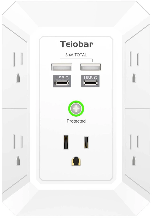Main image of Wall Charger, Surge Protector, 5 Outlets and 4 USB Ports(2USB-C) 1680 Joules, 3-Sided Power Strip, Multi Plug Wall Outlet Adapter Spaced for Home Travel Office, White