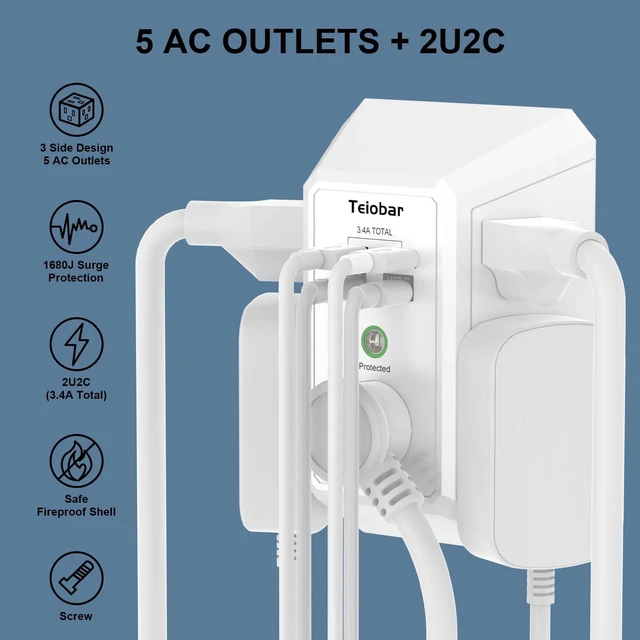 Alt view image 2 of 7 - Wall Charger, Surge Protector, 5 Outlets and 4 USB Ports(2USB-C) 1680 Joules, 3-Sided Power Strip, Multi Plug Wall Outlet Adapter Spaced for Home Travel Office, White