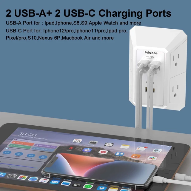 Alt view image 3 of 7 - Wall Charger, Surge Protector, 5 Outlets and 4 USB Ports(2USB-C) 1680 Joules, 3-Sided Power Strip, Multi Plug Wall Outlet Adapter Spaced for Home Travel Office, White
