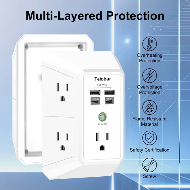 Alt view image 4 of 7 - Wall Charger, Surge Protector, 5 Outlets and 4 USB Ports(2USB-C) 1680 Joules, 3-Sided Power Strip, Multi Plug Wall Outlet Adapter Spaced for Home Travel Office, White