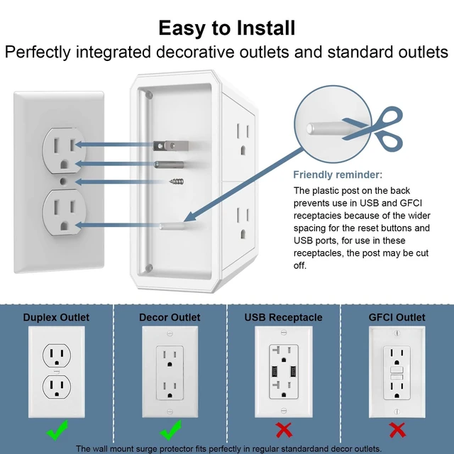 Alt view image 6 of 7 - Wall Charger, Surge Protector, 5 Outlets and 4 USB Ports(2USB-C) 1680 Joules, 3-Sided Power Strip, Multi Plug Wall Outlet Adapter Spaced for Home Travel Office, White