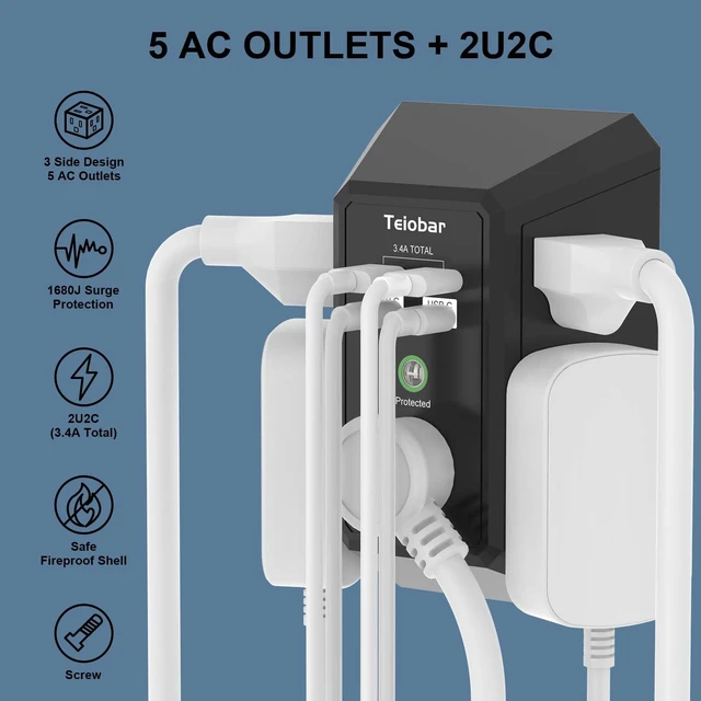 Alt view image 2 of 7 - Wall Charger, Surge Protector, 5 Outlets and 4 USB Ports(2USB-C) 1680 Joules, 3-Sided Power Strip, Multi Plug Wall Outlet Adapter Spaced for Home Travel Office, Black