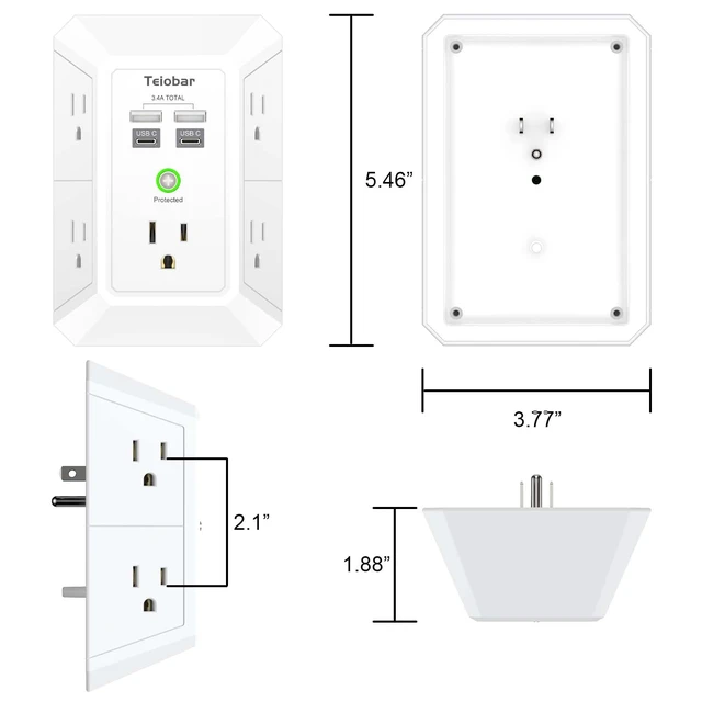 Alt view image 7 of 7 - Wall Charger, Surge Protector, 5 Outlets and 4 USB Ports(2USB-C) 1680 Joules, 3-Sided Power Strip, Multi Plug Wall Outlet Adapter Spaced for Home Travel Office, White
