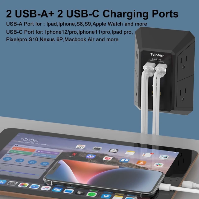 Alt view image 3 of 7 - Wall Charger, Surge Protector, 5 Outlets and 4 USB Ports(2USB-C) 1680 Joules, 3-Sided Power Strip, Multi Plug Wall Outlet Adapter Spaced for Home Travel Office, Black