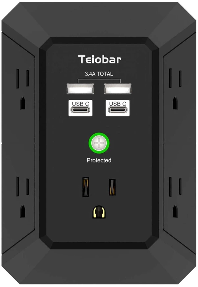 Main image of Wall Charger, Surge Protector, 5 Outlets and 4 USB Ports(2USB-C) 1680 Joules, 3-Sided Power Strip, Multi Plug Wall Outlet Adapter Spaced for Home Travel Office, Black