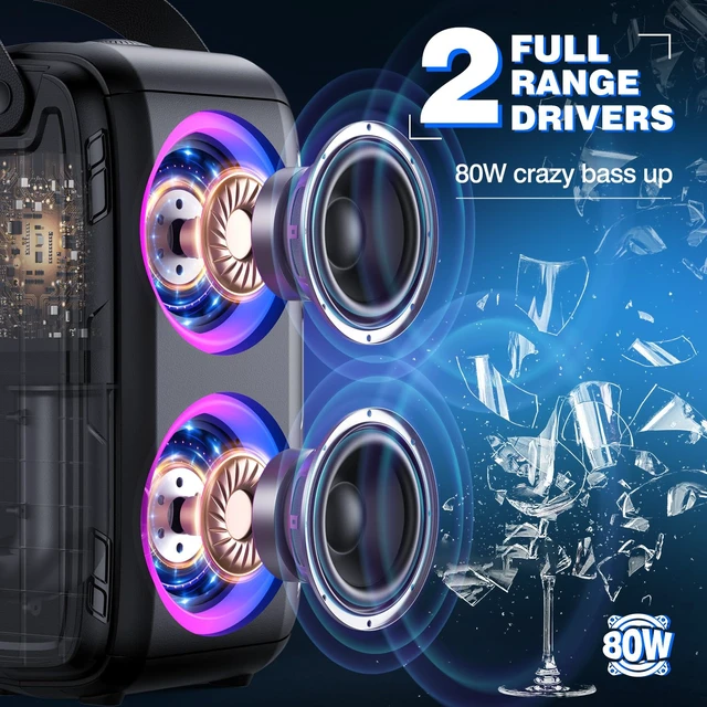 Alt view image 2 of 7 - 80W Bluetooth Party Speaker with Wireless Microphone Portable Loud Bluetooth Speaker-2 Full Range Drivers/Deep Bass, 105dB Sound, Adults/Kids with Lights/IPX5/U-Disk/TF/AUX