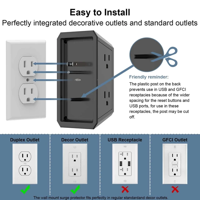 Alt view image 6 of 7 - Wall Charger, Surge Protector, 5 Outlets and 4 USB Ports(2USB-C) 1680 Joules, 3-Sided Power Strip, Multi Plug Wall Outlet Adapter Spaced for Home Travel Office, Black