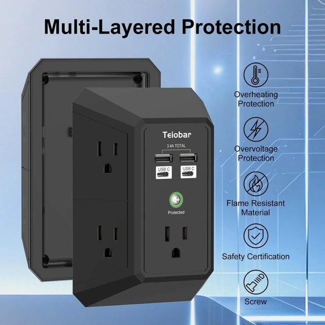 Alt view image 4 of 7 - Wall Charger, Surge Protector, 5 Outlets and 4 USB Ports(2USB-C) 1680 Joules, 3-Sided Power Strip, Multi Plug Wall Outlet Adapter Spaced for Home Travel Office, Black