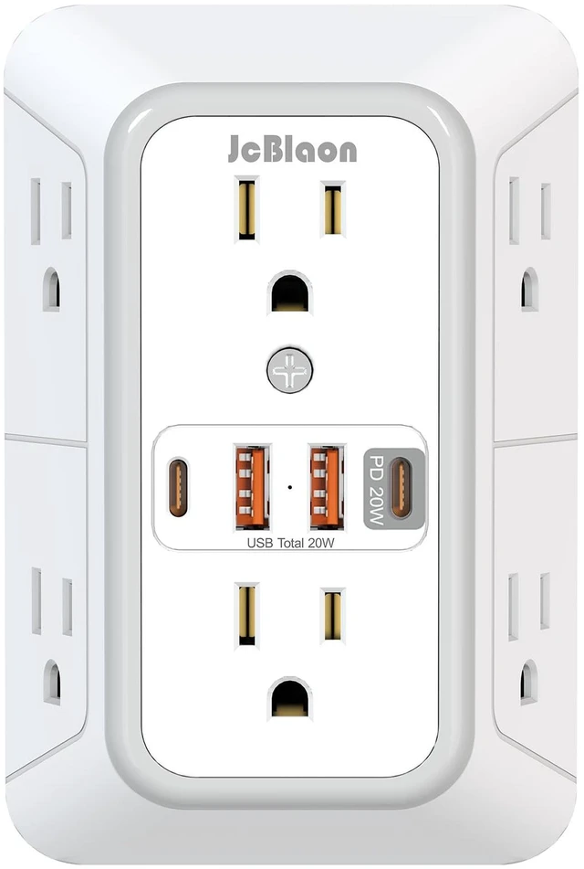Main image of Multi Plug Outlet Surge Protector, Wall Charger with 6 Outlet Splitter with 4 USB Ports(PD 20W), 3-Sided 1050J Surge Protector Power Strip for Home Office Dorm Room Essentials-ETL