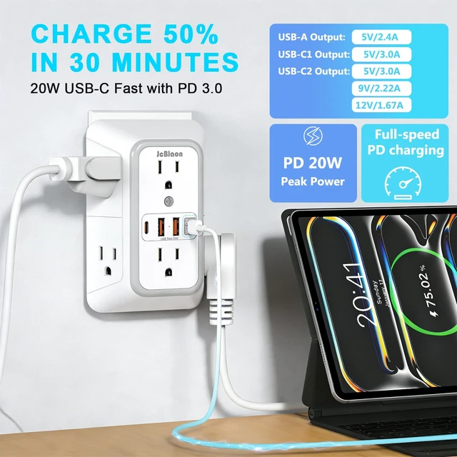 Alt view image 3 of 7 - Multi Plug Outlet Surge Protector, Wall Charger with 6 Outlet Splitter with 4 USB Ports(PD 20W), 3-Sided 1050J Surge Protector Power Strip for Home Office Dorm Room Essentials-ETL