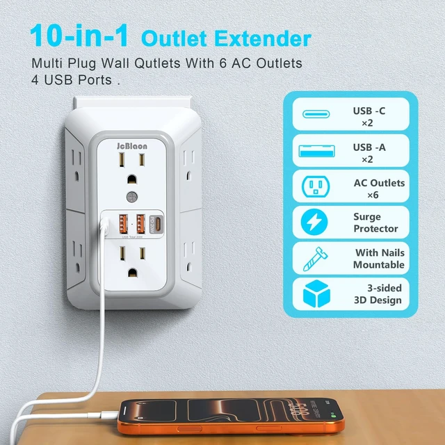 Alt view image 2 of 7 - Multi Plug Outlet Surge Protector, Wall Charger with 6 Outlet Splitter with 4 USB Ports(PD 20W), 3-Sided 1050J Surge Protector Power Strip for Home Office Dorm Room Essentials-ETL