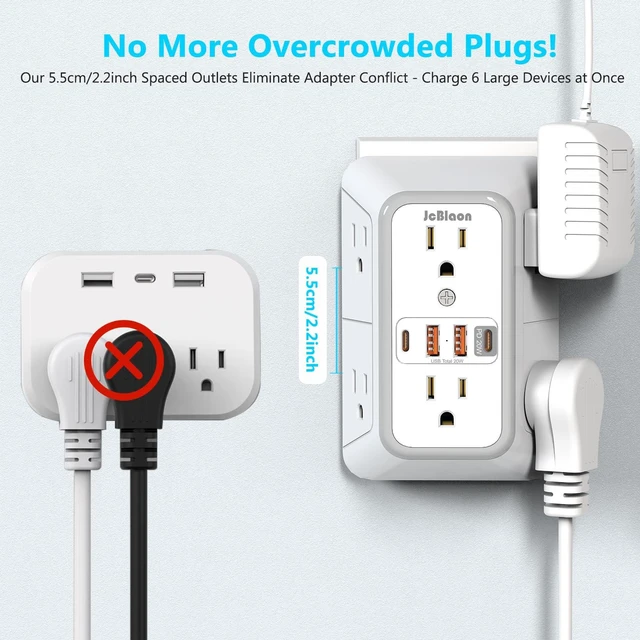 Alt view image 6 of 7 - Multi Plug Outlet Surge Protector, Wall Charger with 6 Outlet Splitter with 4 USB Ports(PD 20W), 3-Sided 1050J Surge Protector Power Strip for Home Office Dorm Room Essentials-ETL