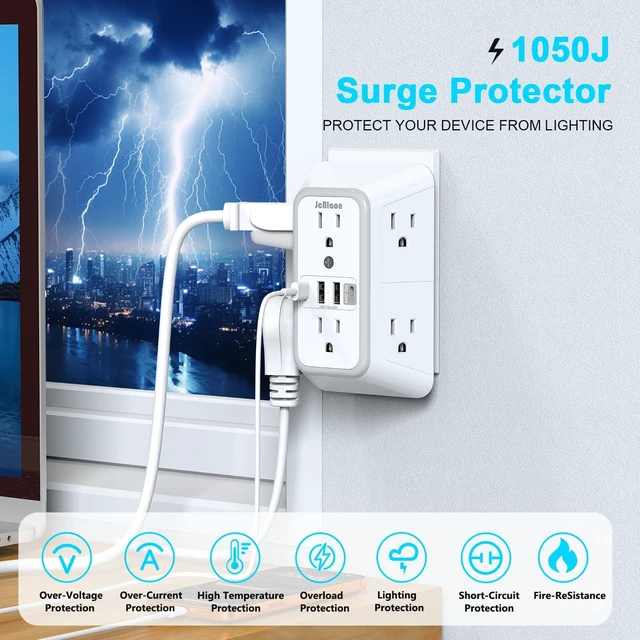 Alt view image 4 of 7 - Multi Plug Outlet Surge Protector, Wall Charger with 6 Outlet Splitter with 4 USB Ports(PD 20W), 3-Sided 1050J Surge Protector Power Strip for Home Office Dorm Room Essentials-ETL