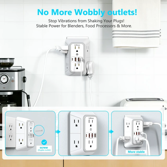Alt view image 5 of 7 - Multi Plug Outlet Surge Protector, Wall Charger with 6 Outlet Splitter with 4 USB Ports(PD 20W), 3-Sided 1050J Surge Protector Power Strip for Home Office Dorm Room Essentials-ETL