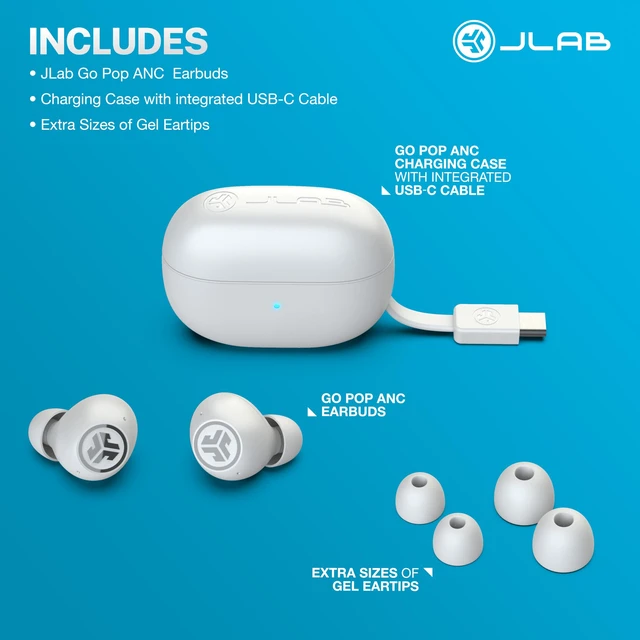 Alt view image 7 of 7 - Go Pop ANC True Wireless Earbuds with Dual Connect, White 24+ hours of autonomy, IP55 sweatproof, microphone, clear calls and multipoint connection