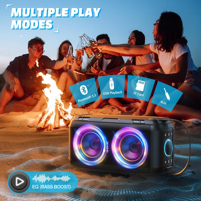 Alt view image 6 of 7 - 80W Bluetooth Party Speaker with Wireless Microphone Portable Loud Bluetooth Speaker-2 Full Range Drivers/Deep Bass, 105dB Sound, Adults/Kids with Lights/IPX5/U-Disk/TF/AUX