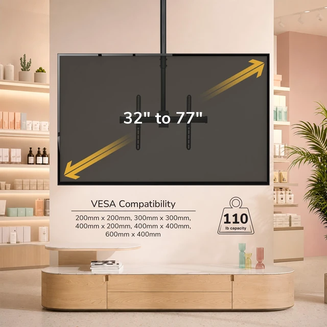 Alt view image 2 of 7 - Mount-It Ceiling TV Mount Bracket, Fits 40 42 47 50 55 60 70 Inch Flat Panel Televisions, Adjustable Height Telescoping Tilt and Swivel, Mount on Vaulted Ceilings Up To VESA 600x400 (MI-509L), Black