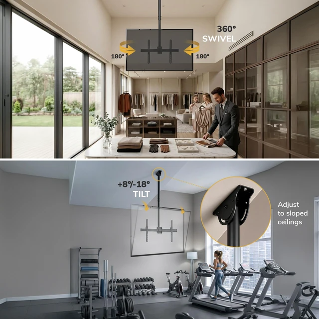 Alt view image 5 of 7 - Mount-It Ceiling TV Mount Bracket, Fits 40 42 47 50 55 60 70 Inch Flat Panel Televisions, Adjustable Height Telescoping Tilt and Swivel, Mount on Vaulted Ceilings Up To VESA 600x400 (MI-509L), Black