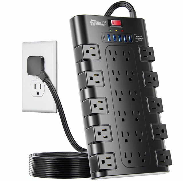 Main image of Flat Plug Power Strip Surge Protector, 6.5Ft, 22 AC 6 USB, 2100J 5A1C, 1875W/15A, Heavy Duty Extension Cord with Multiple Outlets, Outlet Extender for Home, Office, Dorm, Gaming Room, Black