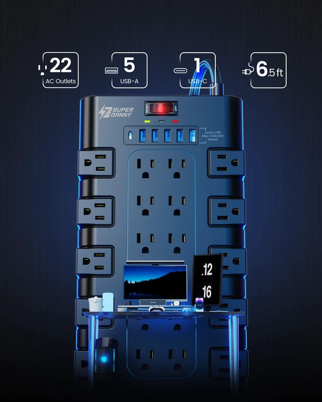 Alt view image 3 of 7 - Flat Plug Power Strip Surge Protector, 6.5Ft, 22 AC 6 USB, 2100J 5A1C, 1875W/15A, Heavy Duty Extension Cord with Multiple Outlets, Outlet Extender for Home, Office, Dorm, Gaming Room, Black