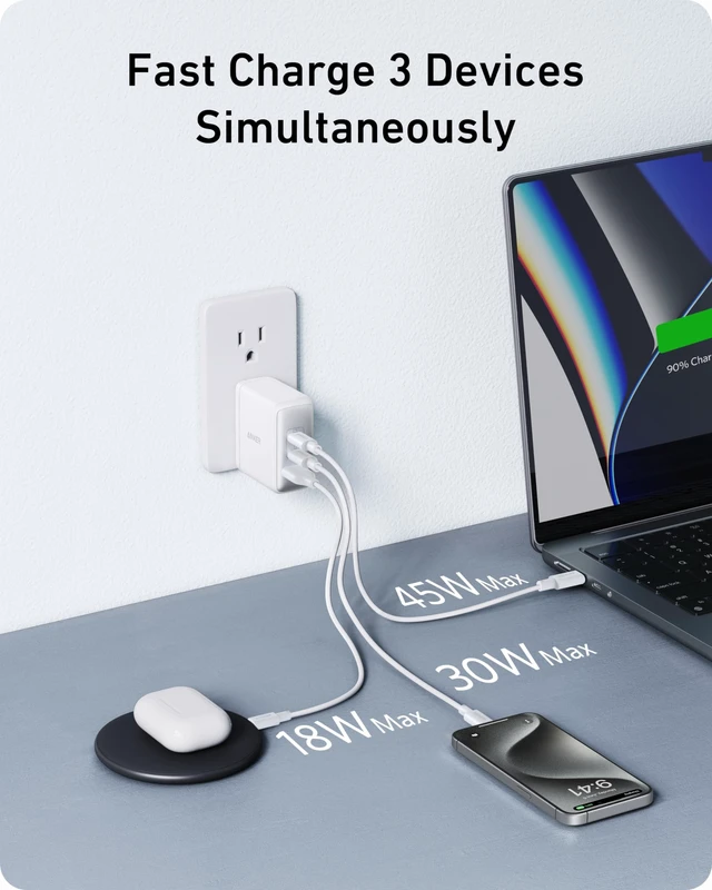 Alt view image 7 of 7 - Nano 100W MacBook Charger, 3-Port Fast Compact GaN USB Charger Block With 1 Pack & 1 Cable for MacBook Pro/Air, Pixelbook, ThinkPad, Dell XPS, iPad Pro, iPhone 17 Series, Galaxy S23, and More