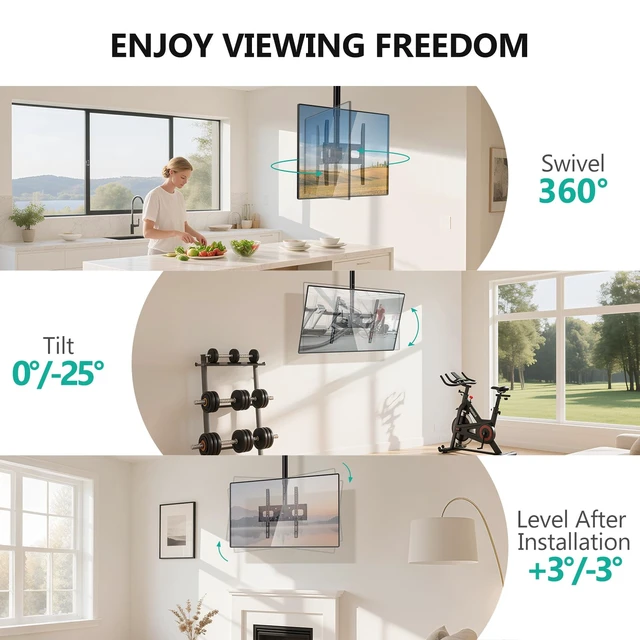 Alt view image 4 of 7 - Ceiling TV Mount for Most 26-65 inch LCD LED OLED 4K TVs, up to 99 lbs Hanging Pole Ceiling Mount TV Bracket Up Down, Full Motion with Height Adjustment, Tilt, Swivel,Max VESA 400x400mm (CM2665-P)