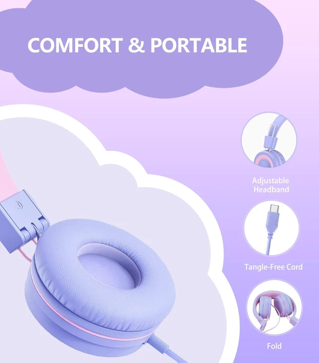 Alt view image 5 of 6 - Upgrade USB Type C Kids Headphone for School, 94dB Safe Volume Limited, HD Stereo Sound, Foldable Lightweight On-Ear Headphones for Boys/Girls/Students/Tablet/Travel(Light Purple)