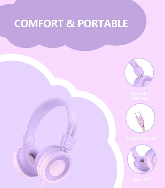Alt view image 4 of 6 - USB Type C Kids Headphone for School, 94dB Safe Volume Limited, Foldable Stereo Sound Tangle-Free Type C Cord, On-Ear Headphones for Boys/Girls/Students/Tablet/Travel(Gradient Purple)