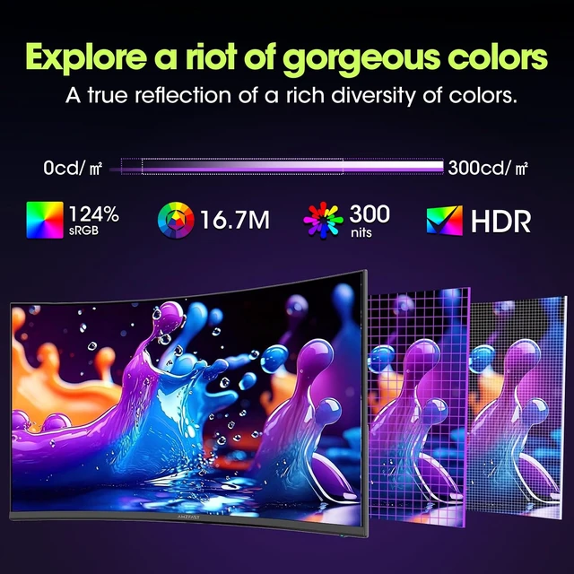 Alt view image 6 of 7 - 24" Curved Gaming Monitor, 240Hz 1ms 1080P, Ultra-Slim Base Adaptive Sync, 124% sRGB, 3000:1, HDR, 1500R, HDMI 2.0 & DP 1.4 AMZG24C1 Pro for Competitive FPS