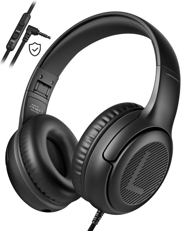Main image of AT2 Kids Headphones for School Travel, 85/94dB Safe Volume Limit 3.5mm Jack, HD Mic, Portable Wired Headphone with Shareport, Stereo Sound On-Ear Headphones for Toddler Kids Girls Boys Black